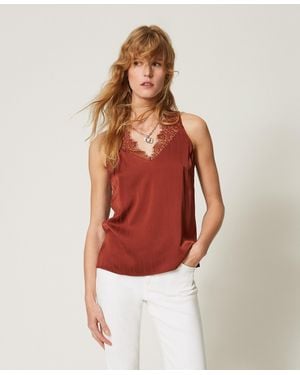 Twinset Satin And Lace Top, "Cherry Wood" - Red