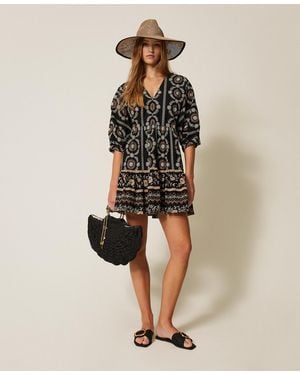 Twinset Short Muslin Dress With Broderie Anglaise - Natural