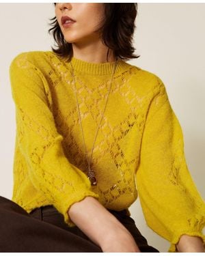 Twinset Jersey De Cuello Redondo En Mezcla De Alpaca Y Rombos, Mujer - Amarillo