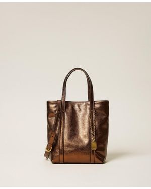 Twinset Leather Shopper Bag With Charm - Natural