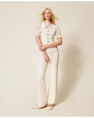 Twinset Knit Trousers With Crochet Detail - Natural