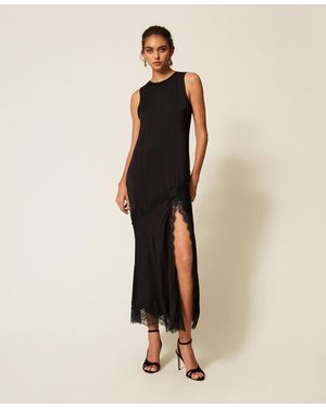 Twinset Long Satin And Lace Dress - Natural