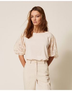 Twinset Blouse With Embroidered Sleeves - Natural