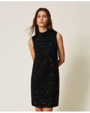 Twinset Short Turtleneck Knit Dress With Embroidery - Black