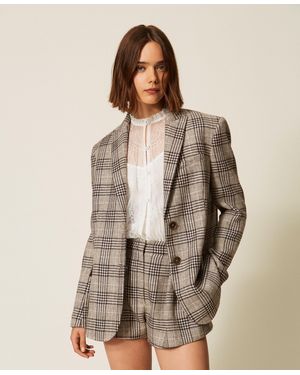 Twinset Chequered Wool Cloth Blazer With Sequins - Brown