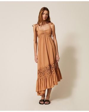 Twinset Poplin Midi Dress With Macramé - Natural