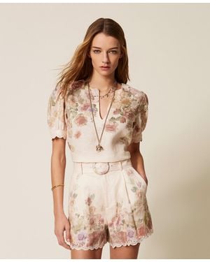 Twinset Linen Floral Shorts With Embroidery - Natural
