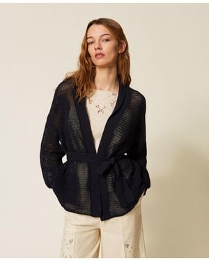 Twinset Mesh Cardigan With Hand-Embroidered Details - Black