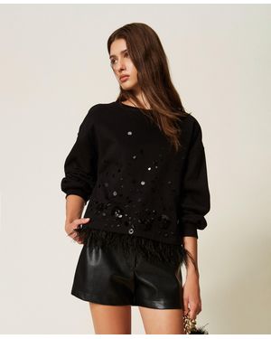 Twinset Sweatshirt With Embroidery And Feathers - Black