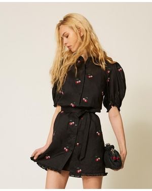 Twinset Short Ramie Dress With Embroidery - Black