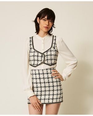 Twinset Short Bouclé Top With Check Pattern - Natural