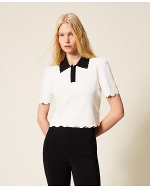 Twinset Two-Tone Knit Polo Shirt With Scalloped Trims - White