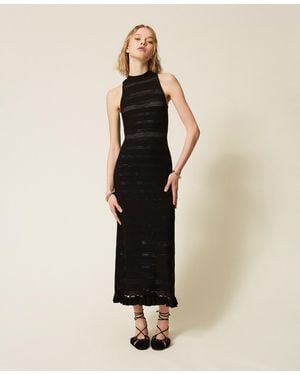 Twinset Long Turtleneck Knit Dress With Ruffles - Natural