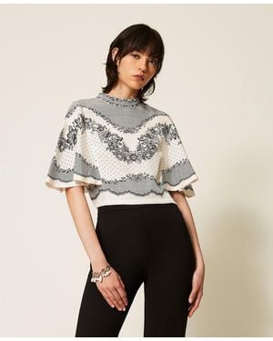 Twinset Jacquard Satin Blouse With Floral And Polka Dot Pattern - Natural