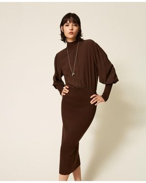 Twinset Knit And Crêpe De Chine Long Dress - Brown