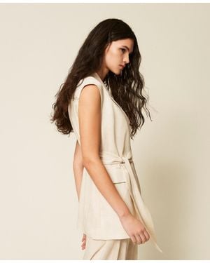 Twinset Sleeveless Jacket With Print And Belt - Natural