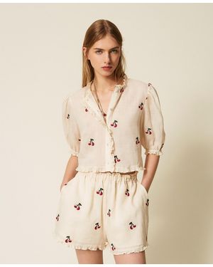 Twinset Cropped Ramie Shirt With Cherry Embroidery - Natural