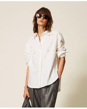 Twinset Camisa De Popelina Con Bordado, Mujer - Blanco