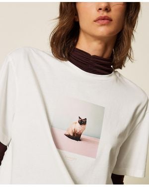 Twinset Regular Crew Neck T-Shirt With Print, Cat/"Lucent" Print - Natural