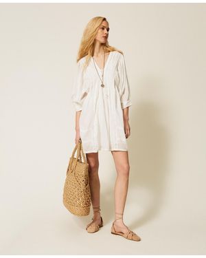 Twinset Short Muslin Dress With Lace - Natural