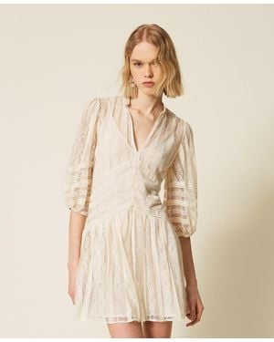 Twinset Short Striped Lace Dress - Natural