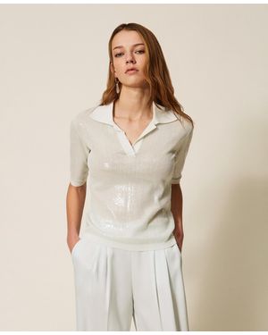 Twinset Polo Shirt Top With Sequins - Natural