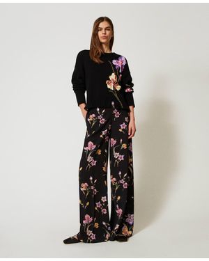 Twin Set Crêpe De Chine Floral Trousers, Multicolour/ Iris Print - Black