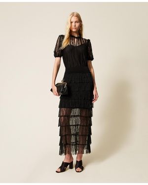 Twinset Long Knit Skirt With Plumetis Lace - Natural