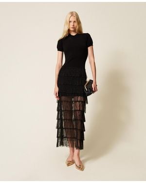 Twinset Long Knit Dress With Plumetis Lace - Natural