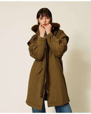 Twinset Gabardine Parka Coat With Faux Fur Collar - Green