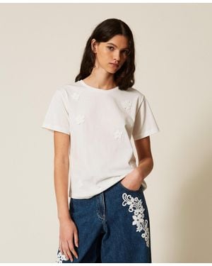 Twinset Fitted T-Shirt With Crochet Flowers - White