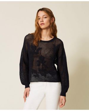 Twinset Mesh Jumper With Hand Embroidered Details - Black