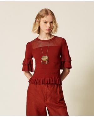 Twinset Rib Knit And Mesh Jumper With Ruffles - Red
