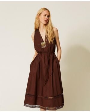 Twinset Poplin Long Dress With Embroidery - Brown