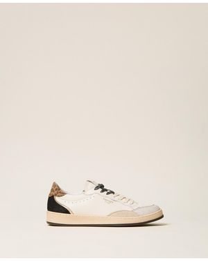 Twinset Leather Trainers With Logo And Laminated Inserts - Natural