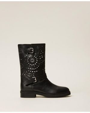 Twinset Openwork Leather Biker Boots - Black