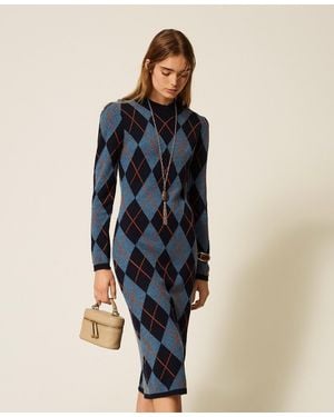 Twinset Langes Strickkleid Mit Jacquard-Rhomben - Blau