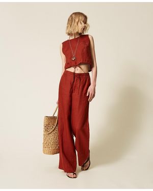 Twinset Linen Trousers With Embroidered Logo