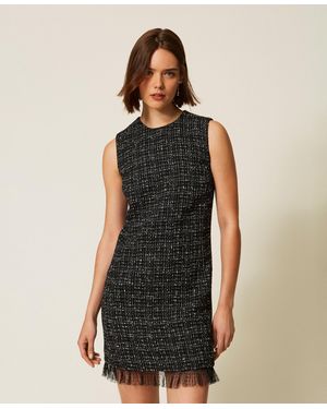 Twinset Short Bouclé And Plumetis Tulle Dress - Black