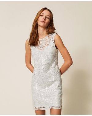 Twinset Short Lace Dress With Sequins - White