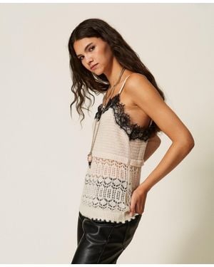 Twinset Top De Punto Reciclado Con Encaje - Neutro