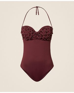 Twinset One-Piece Swimsuit With Origami And Rhinestone Embroidery - Red