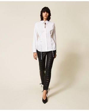Twinset Pantalones Myfo Con Efecto Piel Y Cintas - Neutro
