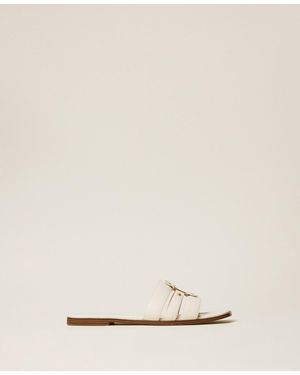 Twinset Leather Sliders With Logo - Natural