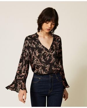 Twinset Blusa De Raso Crepé De Flores - Negro