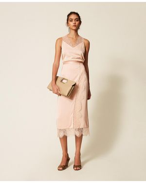 Twinset Satin And Lace Midi Skirt - Natural