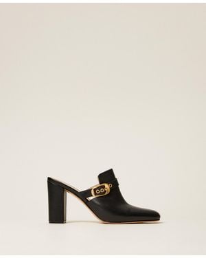 Twinset Leather Mules With Buckle - Natural