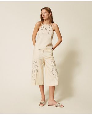 Twinset Linen Blend Cropped Trousers With Embroidery - Natural