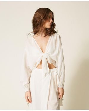 Twinset Muslin Shirt With Bow - Natural
