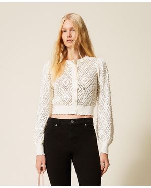 Twinset Diamond Pattern Cardigan With Pearls - Natural